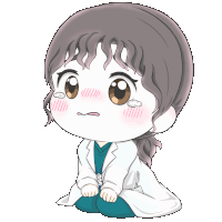 a cartoon drawing of a woman in a lab coat kneeling down
