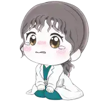 a cartoon drawing of a woman in a lab coat kneeling down