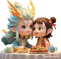 a couple of cartoon characters sitting at a table with plates of food and the hashtag bongango2021