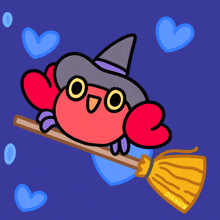 a cartoon drawing of a crab wearing a witch hat flying on a broom
