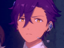 a boy with purple hair has a microphone on his ear and a question mark on his face