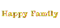 the word happy family is written in gold glitter on a white background