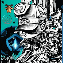 a black and white drawing of a person wearing a hat that says ed hardy on it