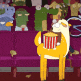 a cartoon of a deer holding a bucket of popcorn in front of a crowd
