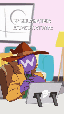 a cartoon of a person with a w on their face sitting in front of a laptop
