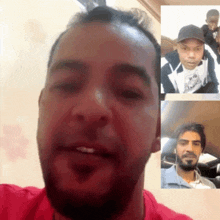 a man with a beard is talking to two other men