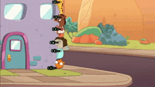 a group of cartoon characters are looking through binoculars in front of a building