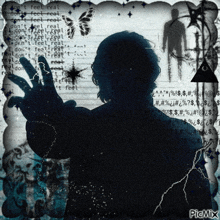 a silhouette of a person is surrounded by various letters and symbols including a triangle and a star