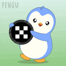 a blue and white penguin holding a black and white checkered circle with the word pengu on the bottom