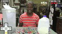 a man sitting at a table with a bowl of cereal and a pitcher of milk with coins and health written on the bottom