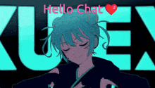 a girl with blue hair is dancing in front of a hello chat sign