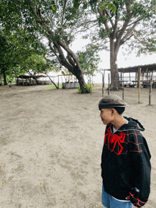 a person wearing a black spider man sweatshirt stands in a dirt field