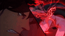 a close up of a person 's face with a red lightning bolt in the background