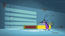 a cartoon of a bug standing next to a yellow object