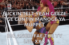 two women are wrestling in a ring and one of them is wearing a muppet outfit .