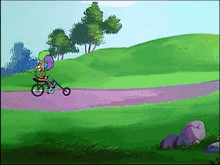 a cartoon of a person riding a bike down a road