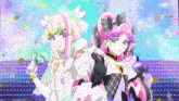 two anime girls are standing next to each other on a stage with confetti falling around them