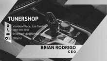 a black and white business card for brian rodrigo ceo of tuneshop