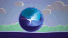 a cartoon illustration of a blue sphere with a cloudy sky in the background