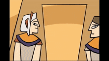 a cartoon of two people standing next to each other looking at each other