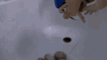 a stuffed animal is looking at a pile of rocks in a bowl