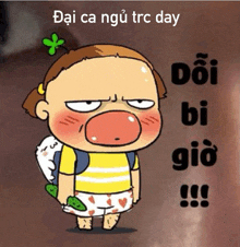 a cartoon of a girl holding a cucumber with the words dai ca ngu trc day