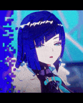a girl with blue hair and blue eyes is standing in front of a pixelated background