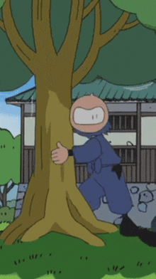 a cartoon of a man in a ninja costume standing next to a tree