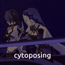 two anime girls are standing next to each other and the word cytoposing is visible