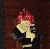 a roblox character with red hair is sitting in a chair .