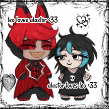 a picture of a boy and a girl with the words " leo loves alastor < 33 "