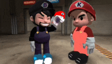 two cartoon characters standing next to each other with one wearing a hat with the letter k on it