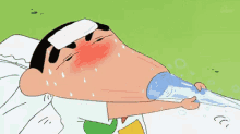 a cartoon character is laying in bed with a thermometer on his forehead