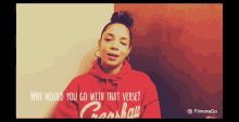 a woman wearing a red sweatshirt that says crosshaw