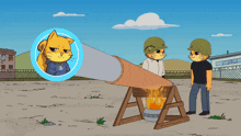 a cartoon drawing of two soldiers standing next to a cannon with smoke coming out of it