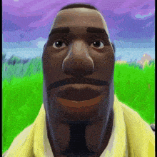 a close up of a cartoon character 's face with a yellow shirt and a beard .