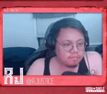 a man wearing glasses and headphones is in a red frame with the name rj @rjustice