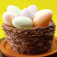 a cake in the shape of a nest with eggs on top