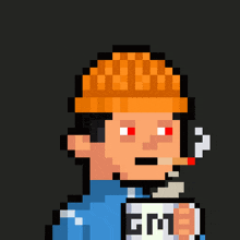 a pixel art of a man smoking a cigarette and holding a cup that says gme