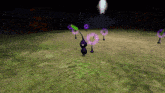 a video game scene with purple flowers and a purple ant