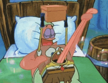 a cartoon of patrick holding a box on his head