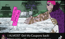 a cartoon of a man holding a sign that says " coupon here "