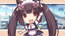 anime neko maid waving wave