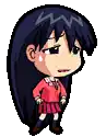 a pixel art of a girl with long black hair wearing a red shirt and a pink skirt .