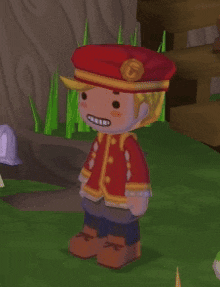 a cartoon character wearing a red hat and a red jacket