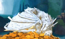 a white dragon is laying on top of a pile of golden coins .