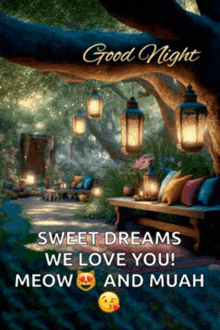 a good night message with a picture of a bench and lanterns hanging from trees