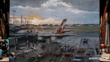 a painting of an airplane is displayed on a table with the words made in animotica below it