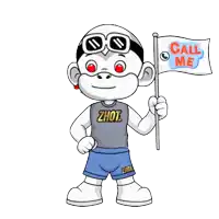 a cartoon character holds a flag that says call me