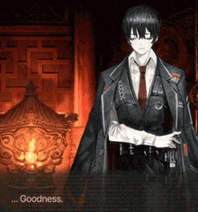 a man in a suit and tie is standing in front of a statue with the words goodness written below him